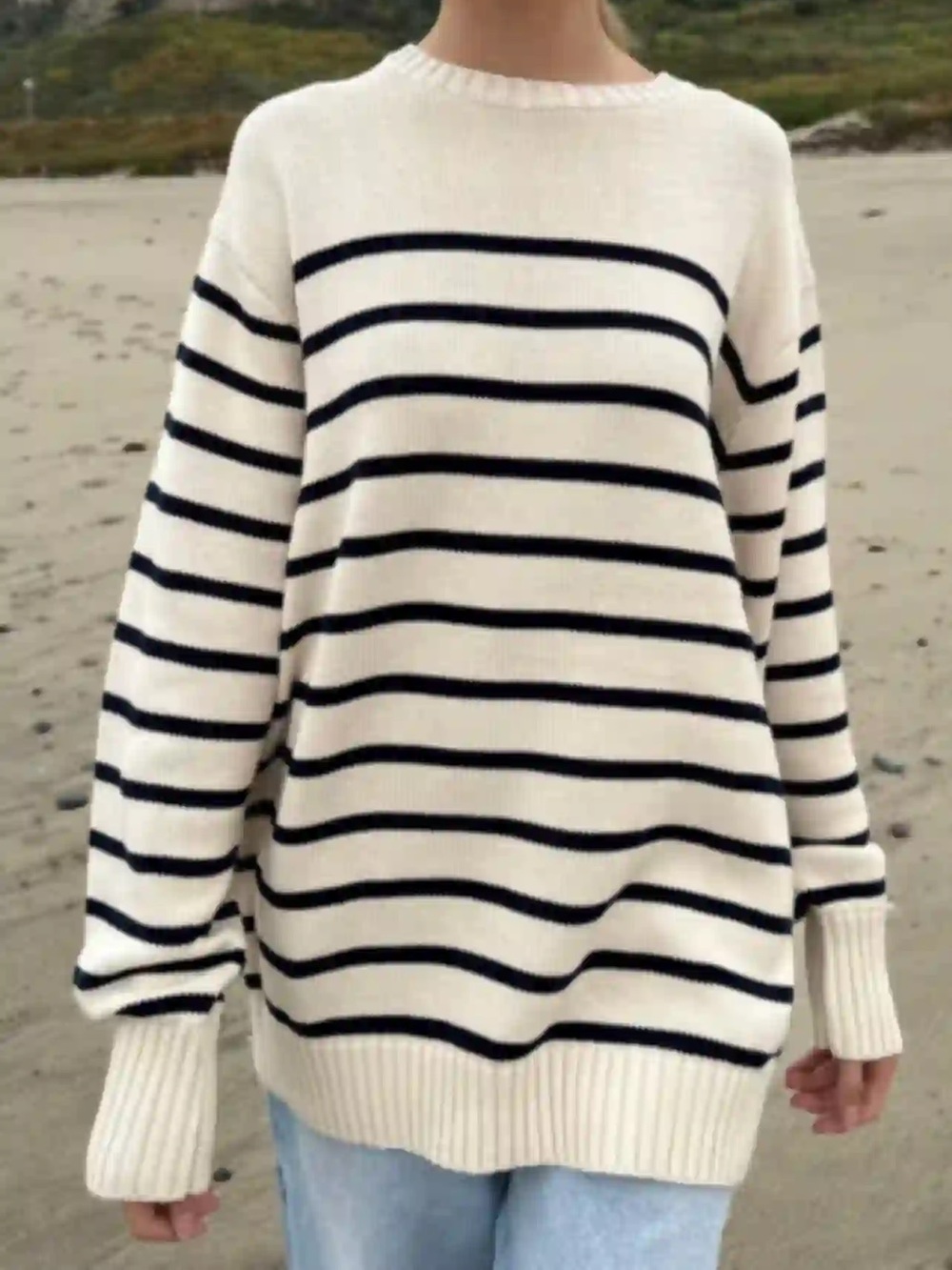 Forever 21 knit Ivory and Black Striped Crewneck Sweater